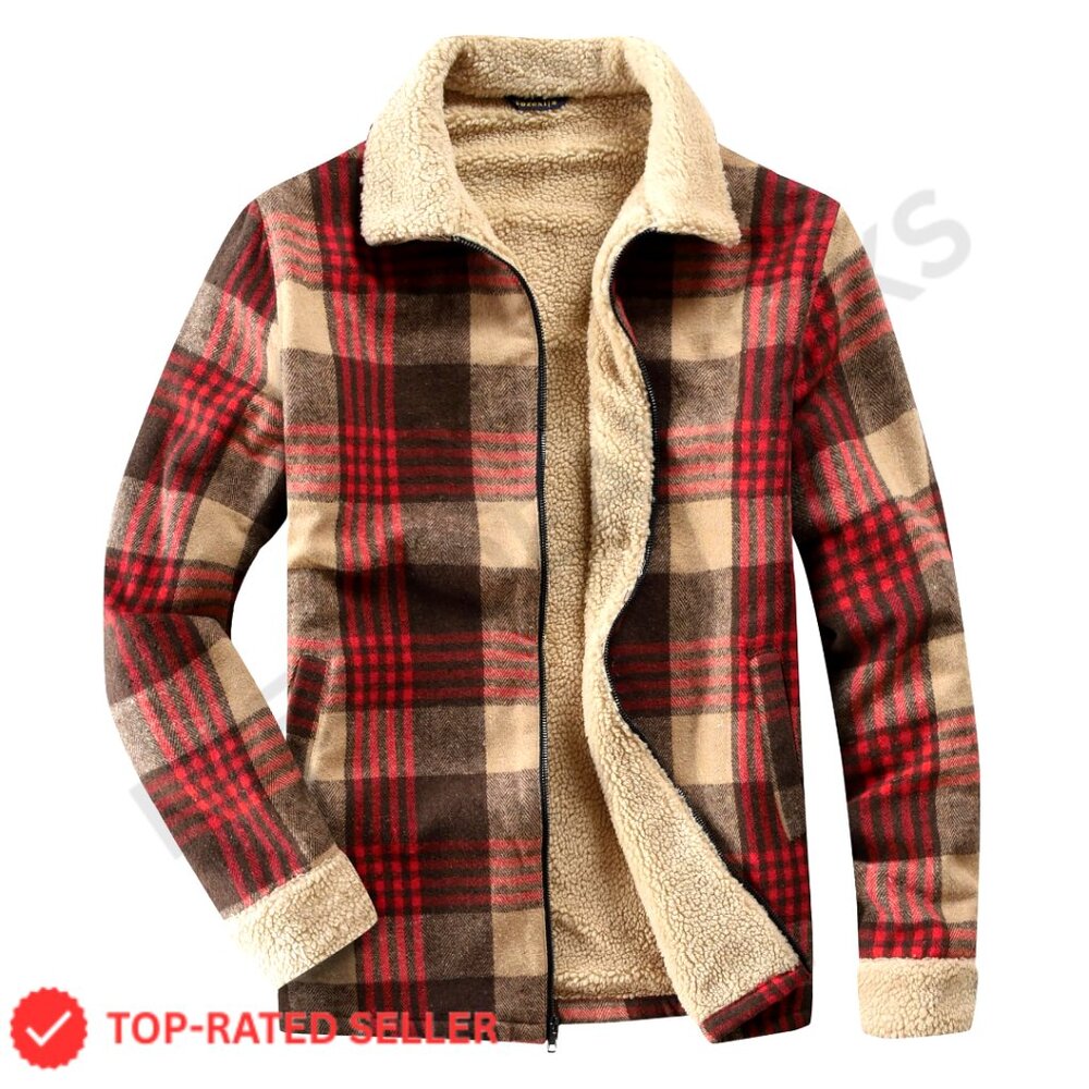 Sherpa Lined Fleece Jacket, Full Zip, Plaid Flannel, Loose Fit, Women's